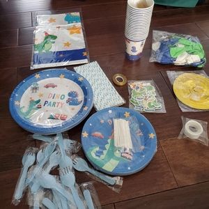 Dino party supplies all new regular plates , cake plates , paper straws , baloon